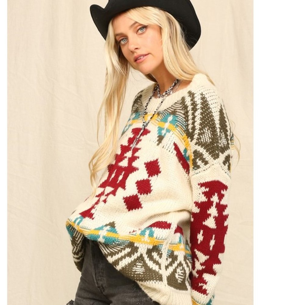 New Cozy Yellowstone Tribal Aztec Printed Pullover Crew Sweater - Picture 5 of 6